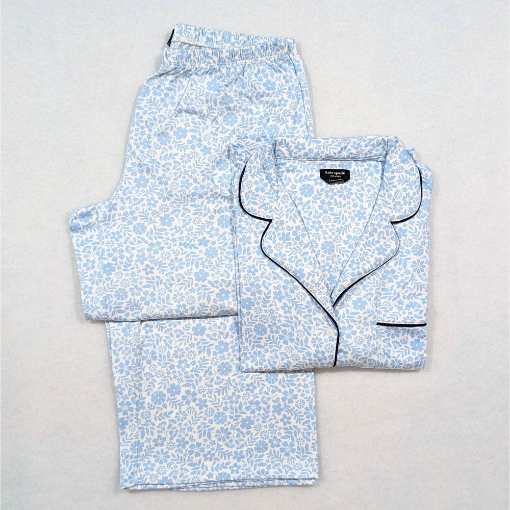 Kate Spade Pajama Set Polyester Blue Ditsy Floral Short Sleeve Cropped Pockets L